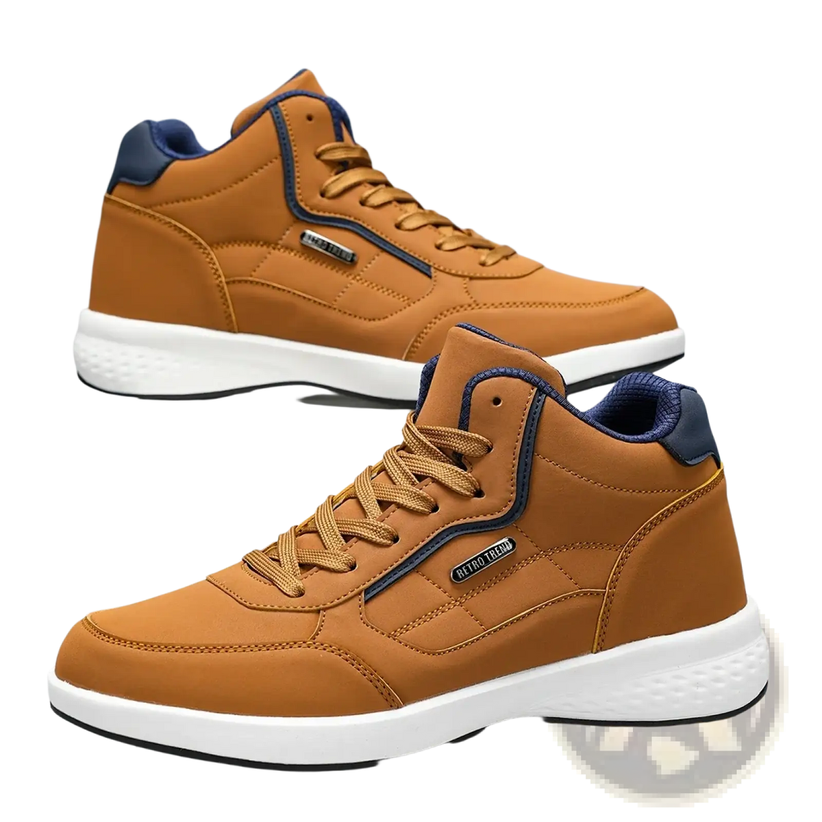 Men waterproof high top leather sneakers in tan with navy blue accents and white rubber sole for casual wear