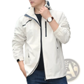 Men waterproof hiking jacket in sleek off-white with black zipper accents and a camouflage-lined hood