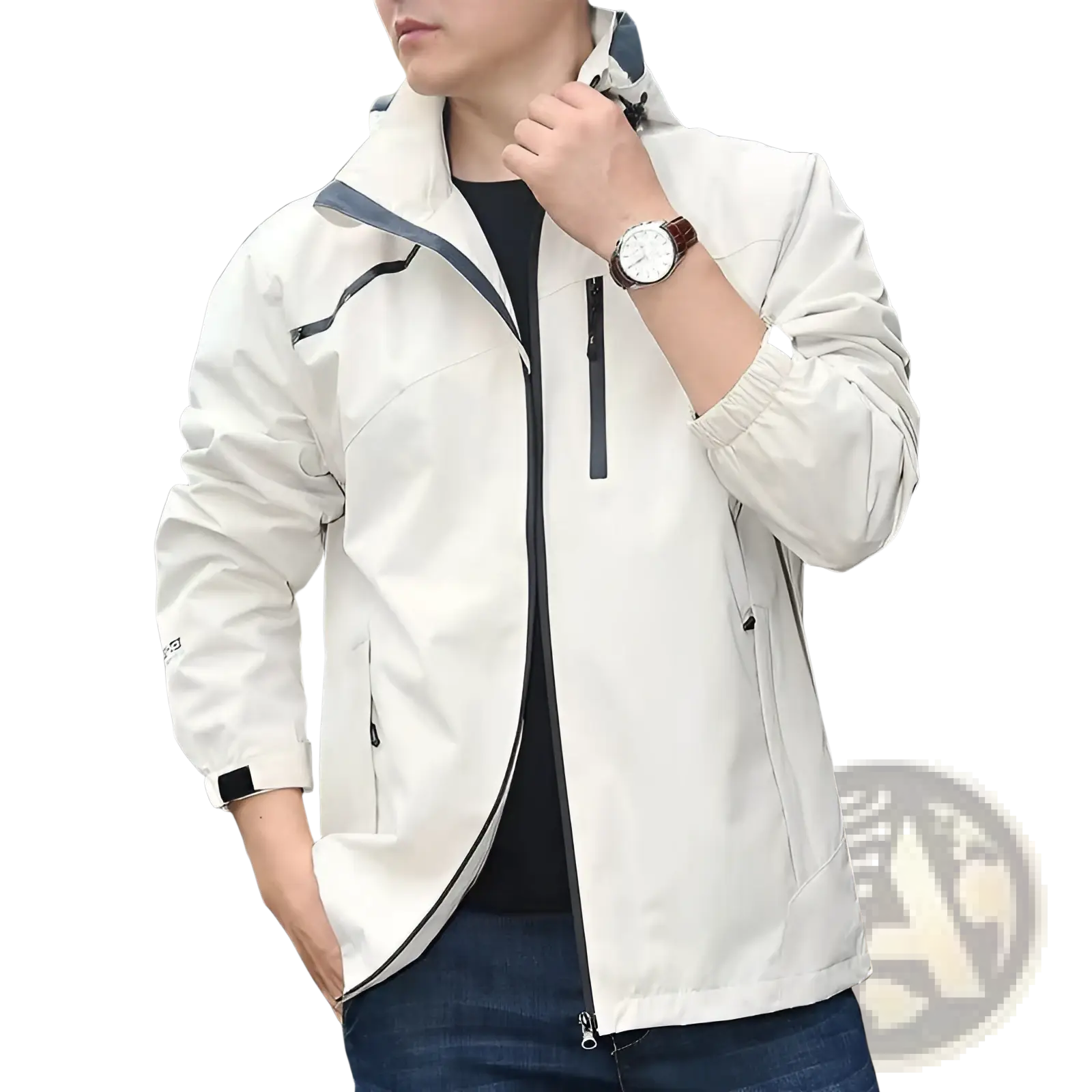 Men waterproof hiking jacket in sleek off-white with black zipper accents and a camouflage-lined hood