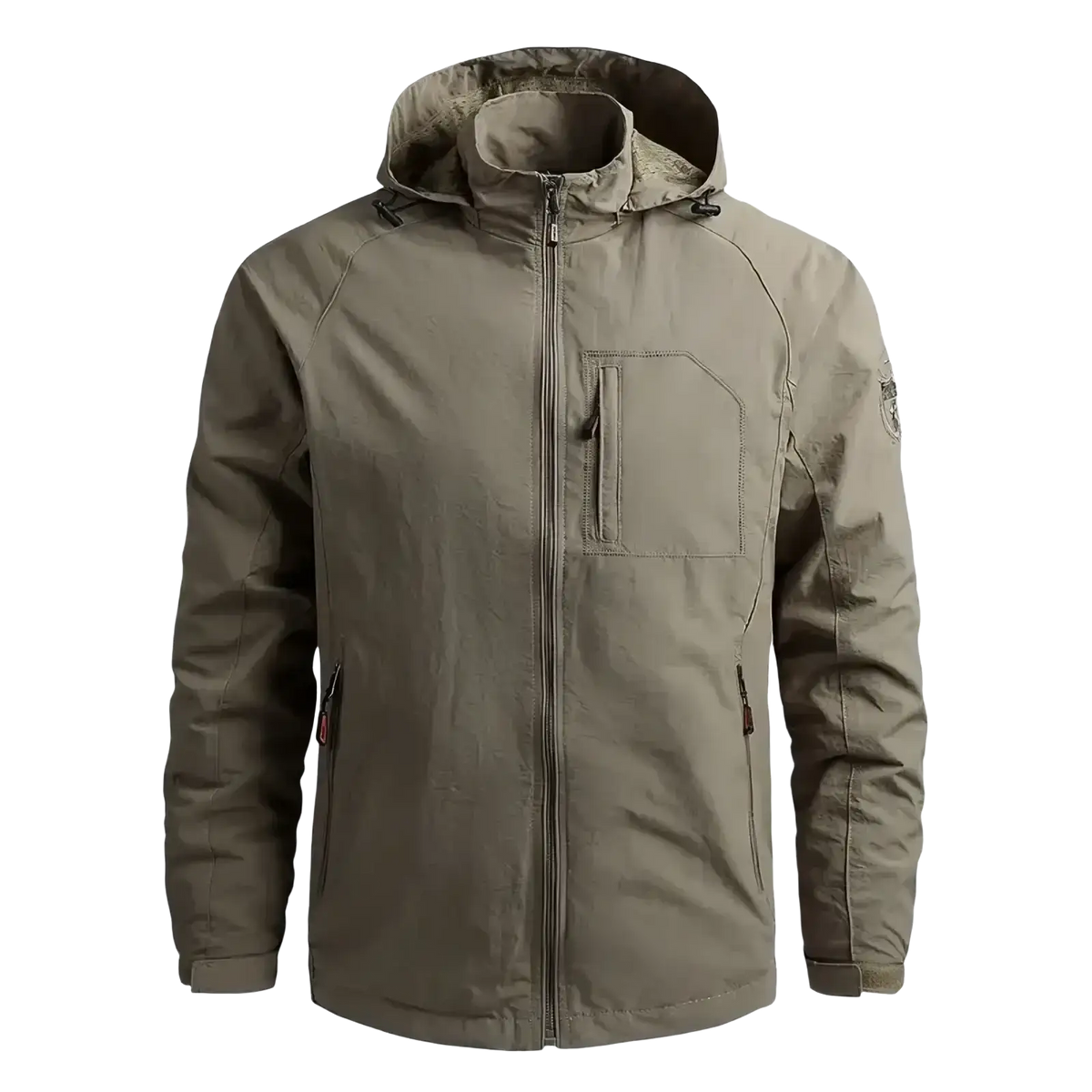 Beige hooded waterproof hiking jacket with full-length zipper and zippered pockets for men outdoor use