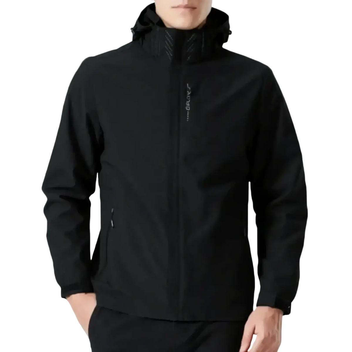 Black waterproof hiking jacket with hood and subtle gray stitching designed for outdoor hiking and wind protection