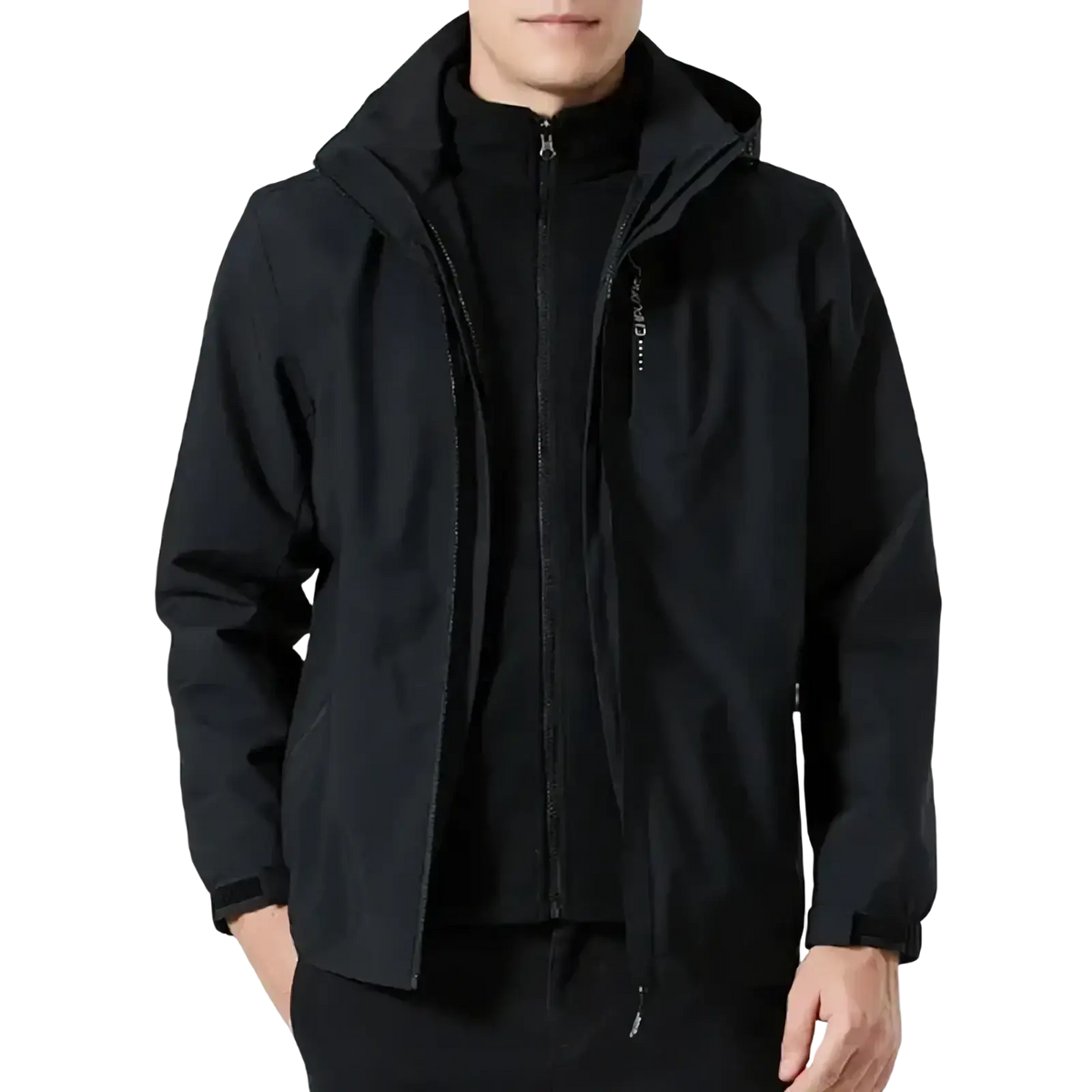 Black waterproof hiking jacket with hood windbreaker featuring sleek modern design and subtle zipper branding