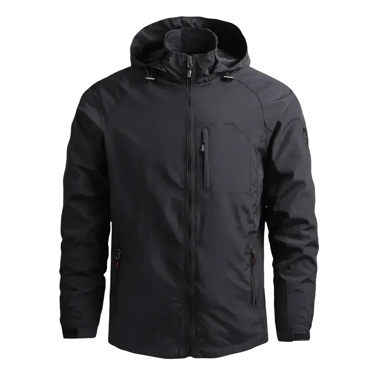 Black waterproof hiking jacket with hood zippered pockets and sleek modern design ideal for outdoor activities