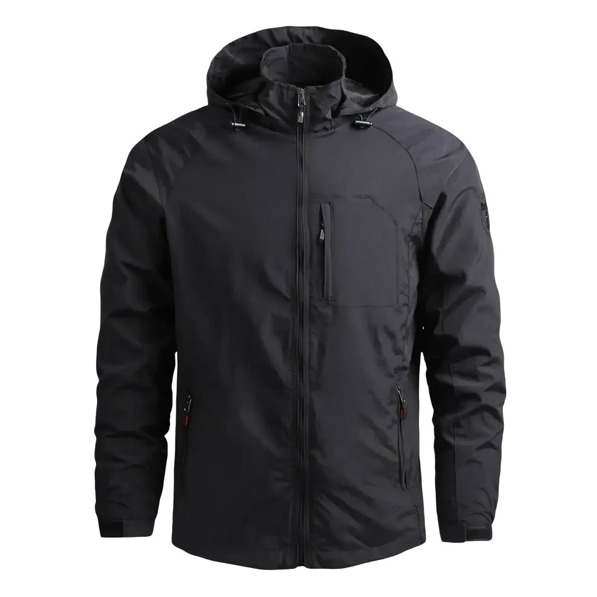 Men black waterproof hiking jacket hooded windbreaker with full-length zipper and red-accented zippered pockets