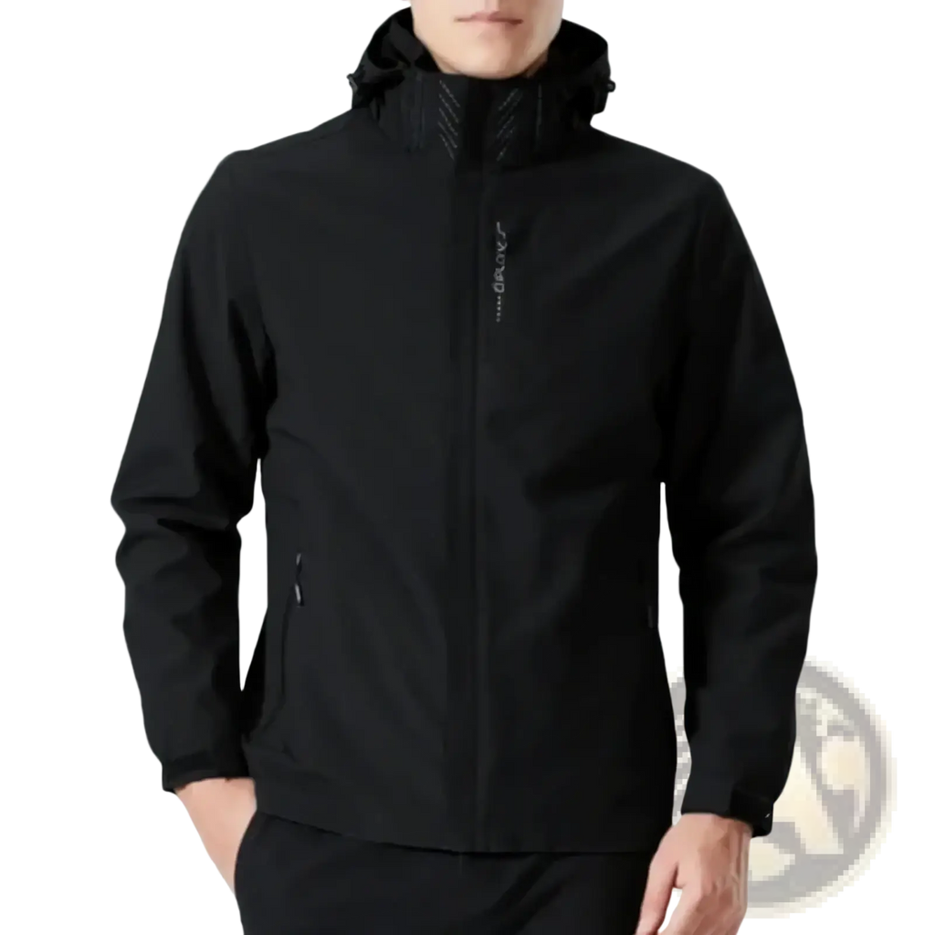 Men waterproof hiking jacket hooded windbreaker in black with subtle gray stitching and sleek modern design