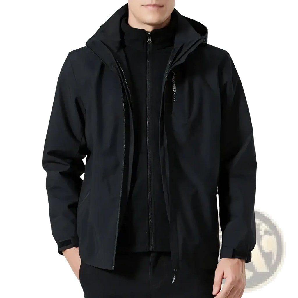 Men waterproof hiking jacket hooded windbreaker in black with sleek water-resistant fabric and subtle zipper detailing
