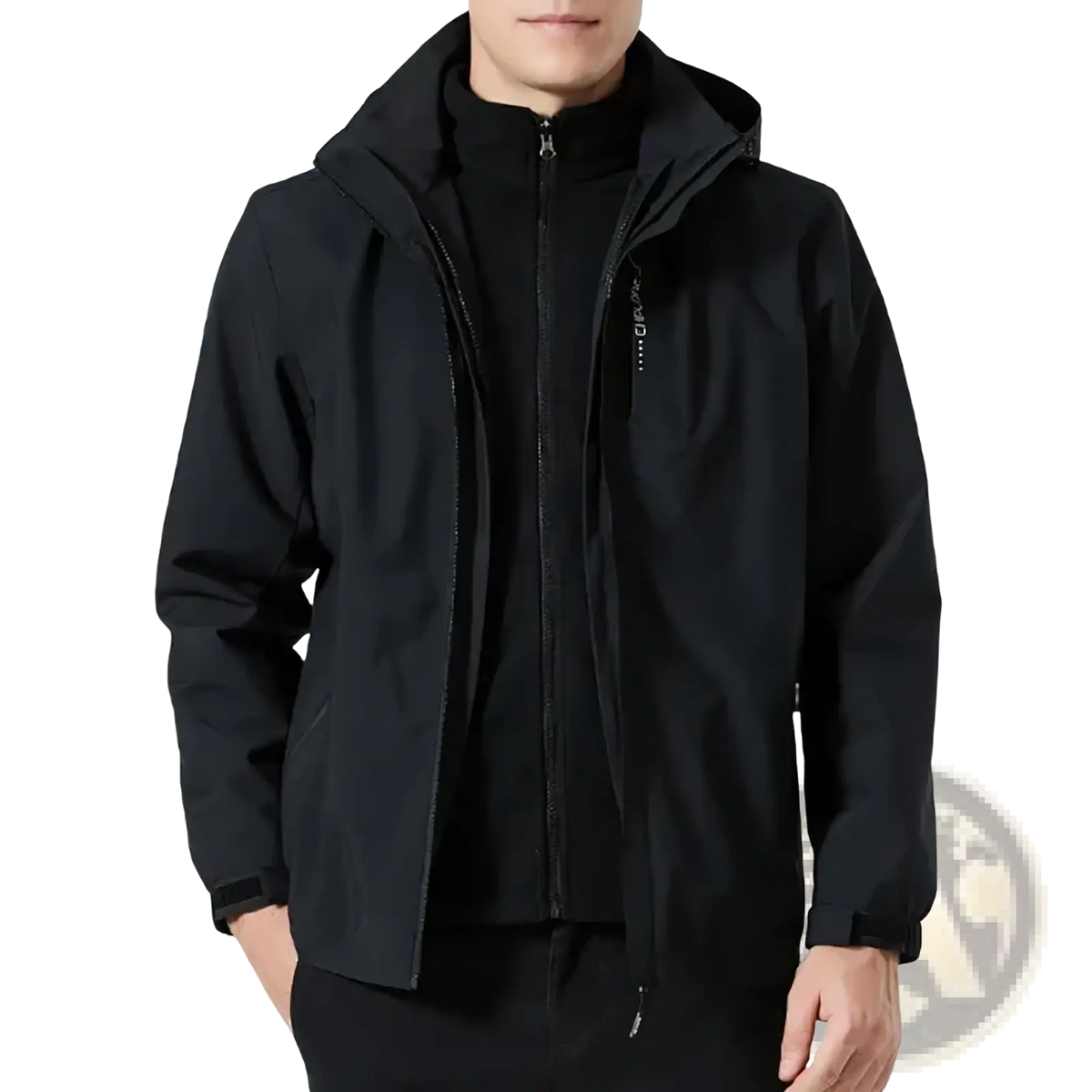 Men waterproof hiking jacket hooded windbreaker in black with sleek water-resistant fabric and subtle zipper detailing