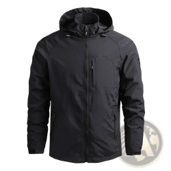 Men black waterproof hiking jacket hooded windbreaker with full-length zipper and red-accented zippered pockets