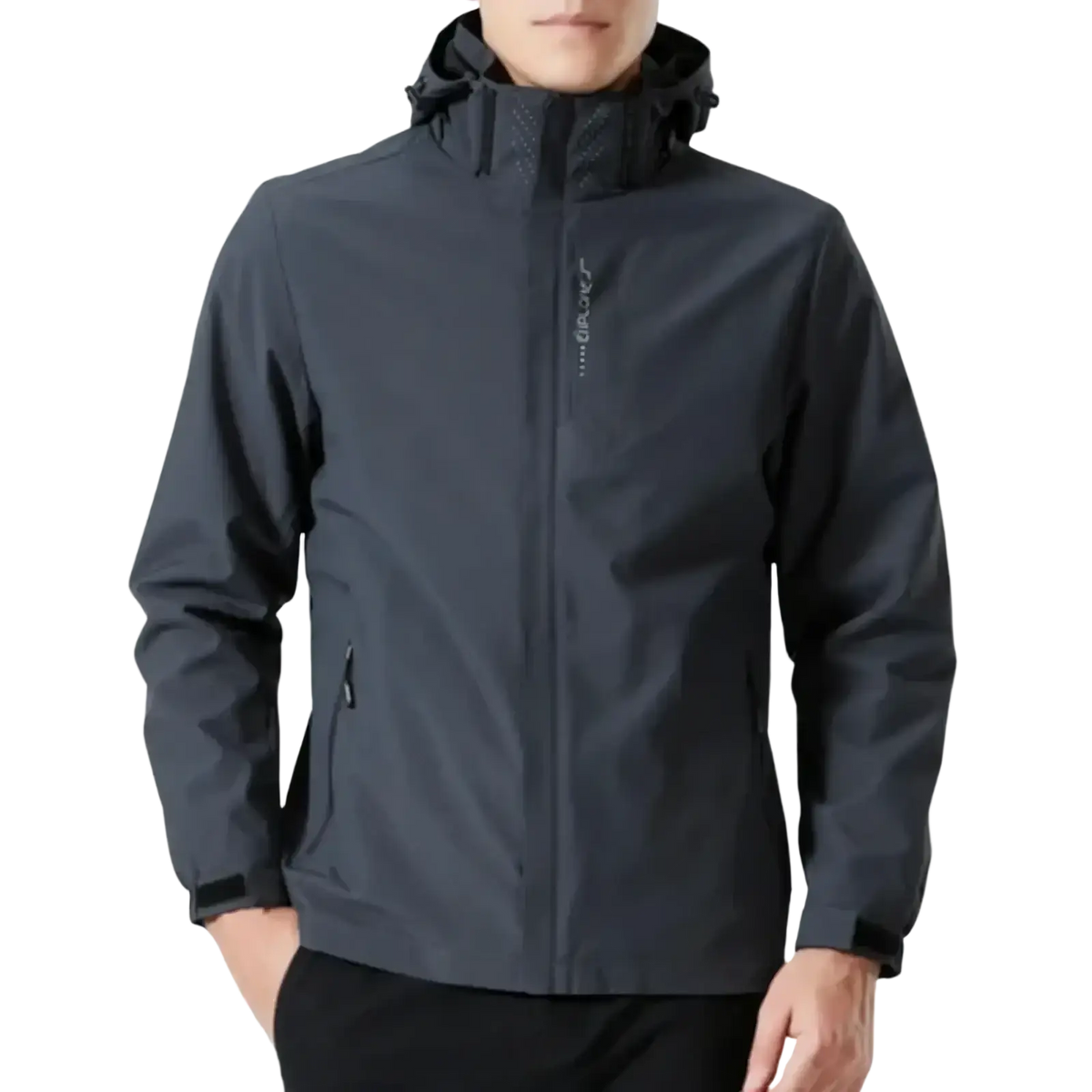 Dark gray waterproof hiking jacket with hood and zipper closure designed as a men waterproof hiking windbreaker