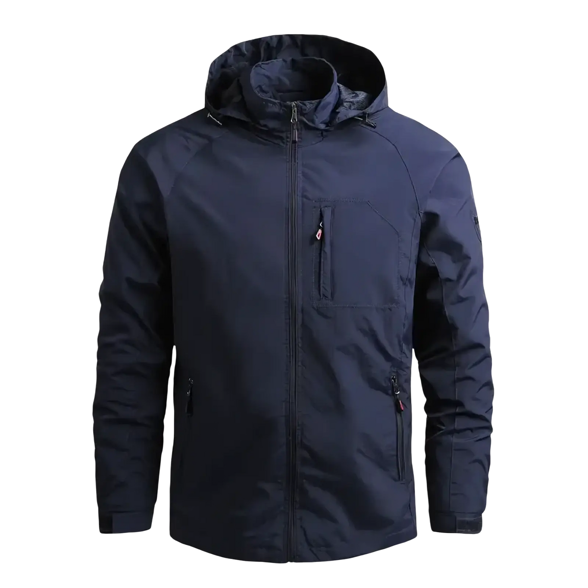 Men waterproof hiking jacket hooded windbreaker in dark navy blue with zippered pockets and subtle sleeve logo