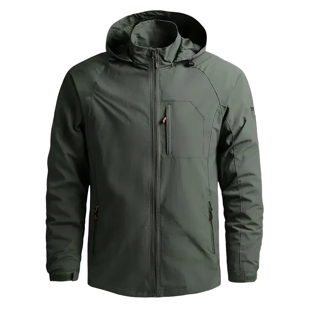 Men waterproof hiking jacket hooded windbreaker in dark olive green with full zipper and multiple pockets