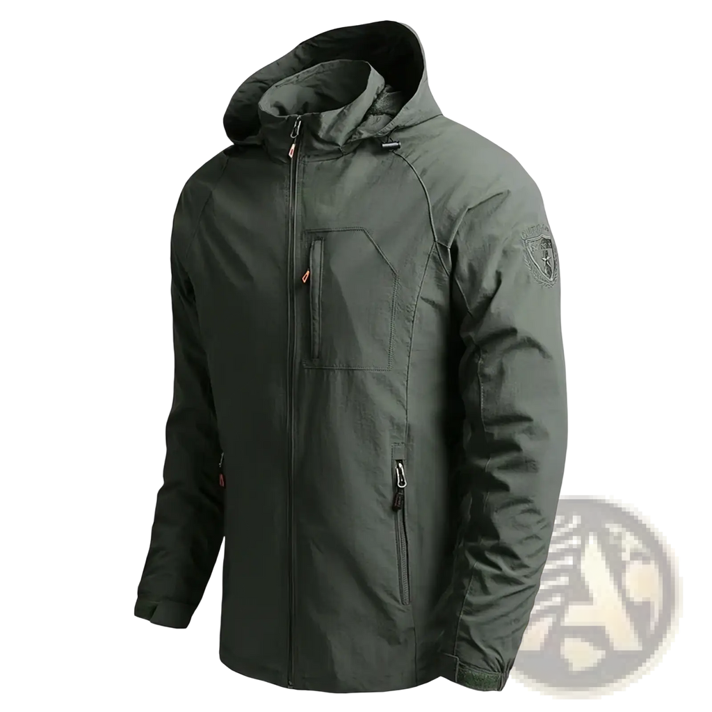 Dark olive green chaifenko hooded waterproof men hiking jacket with zippered pockets and embroidered sleeve patch