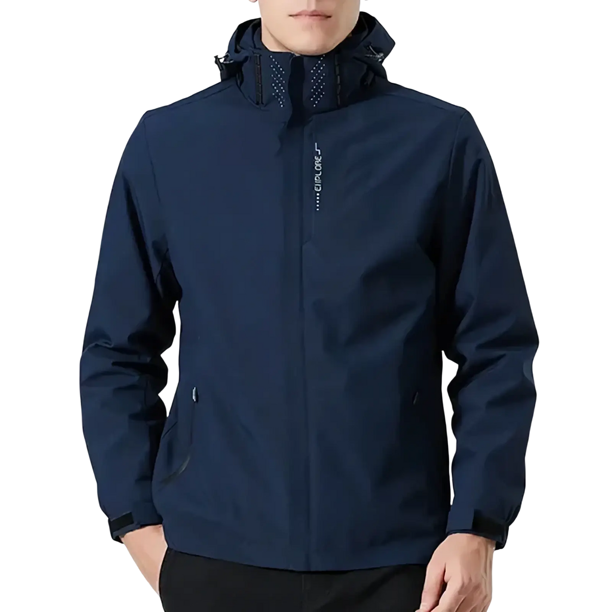 Navy blue men waterproof hiking jacket with hood and subtle vertical branding on chest windbreaker for outdoor use