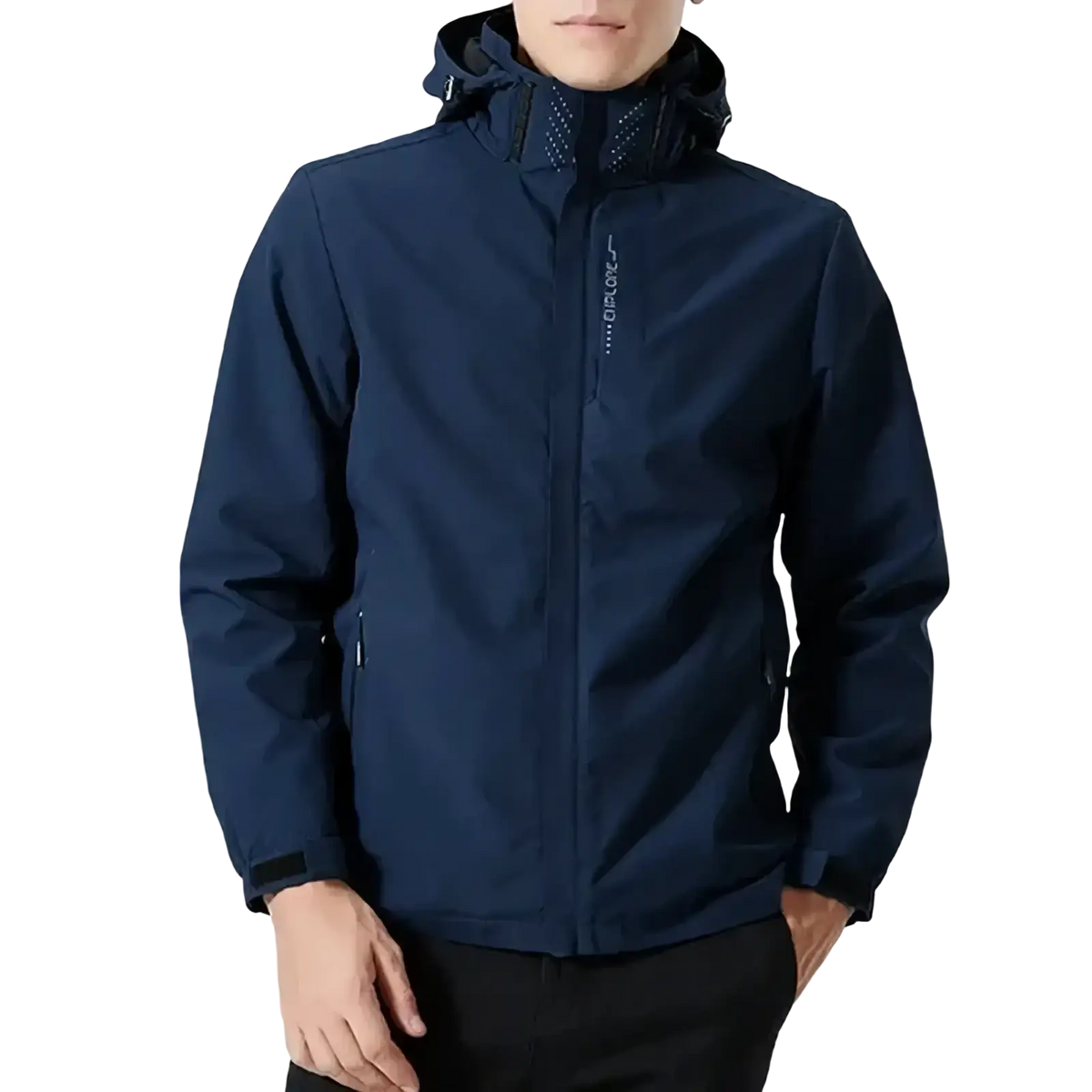 Navy blue waterproof hiking jacket with hood and zipper closure designed for men waterproof hiking and wind protection