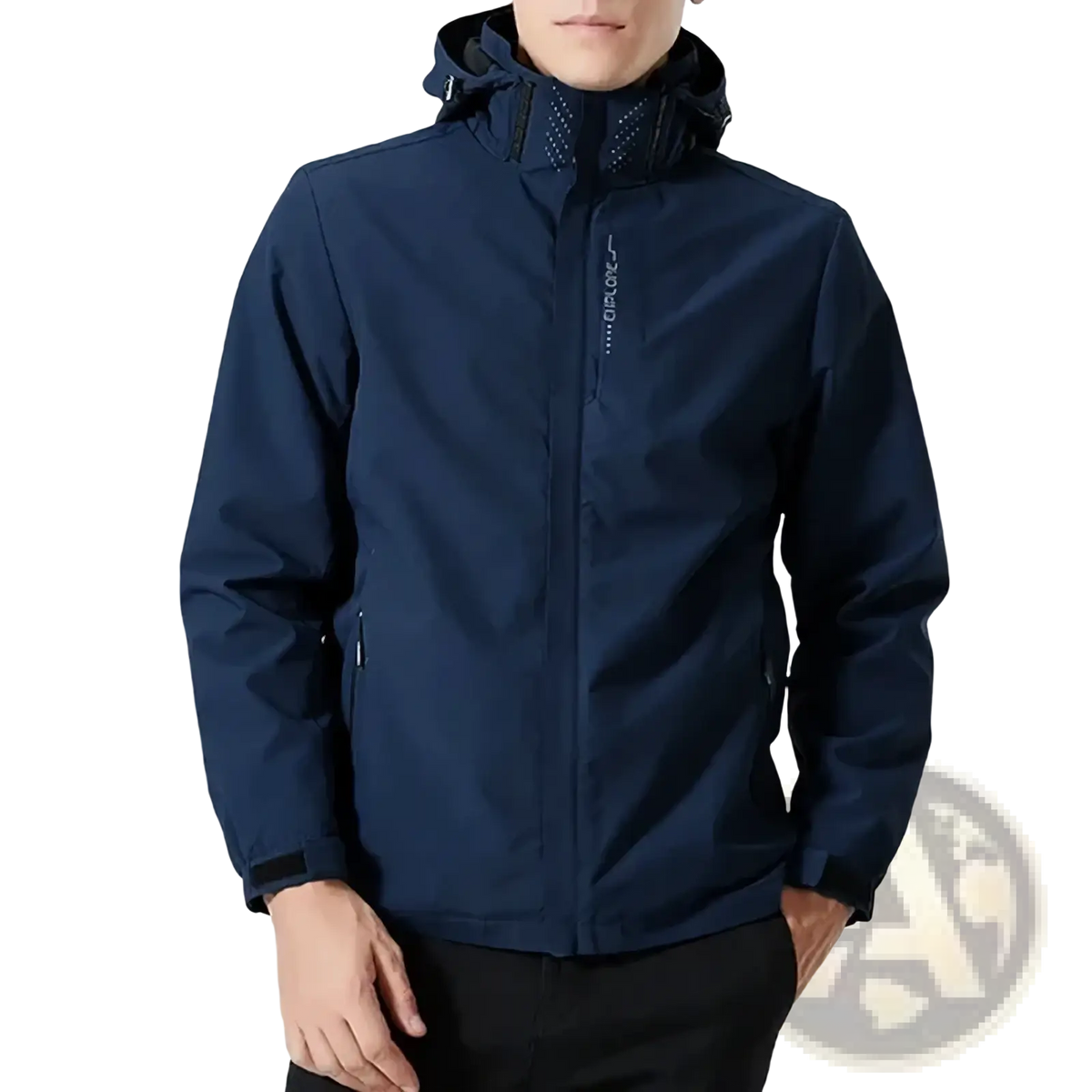 Navy blue waterproof men’s hiking jacket with hood and subtle brand logo on chest designed for outdoor use