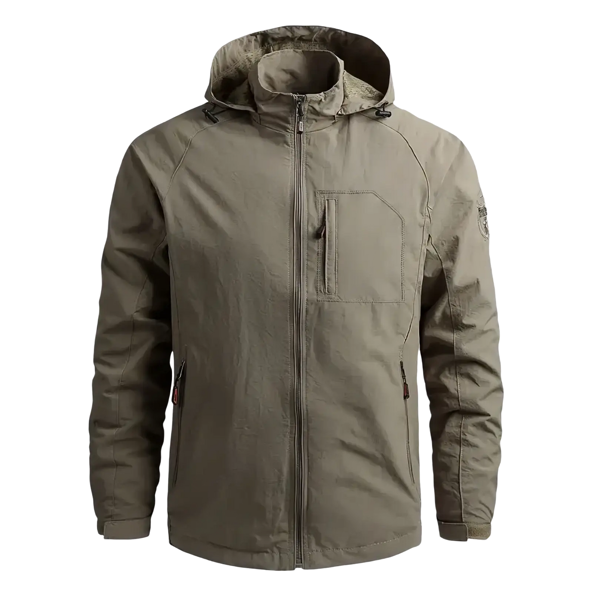 Olive green men waterproof hiking jacket with hood zippered front chest pocket and subtle logo on sleeve