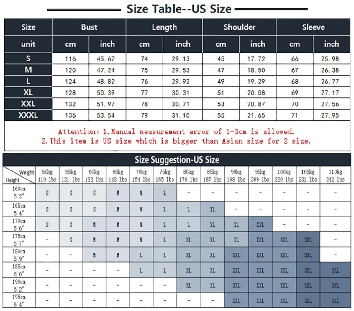 Us size clothing measurement chart with bust length shoulder sleeve in cm and inch for men waterproof hiking jacket hooded windbreaker