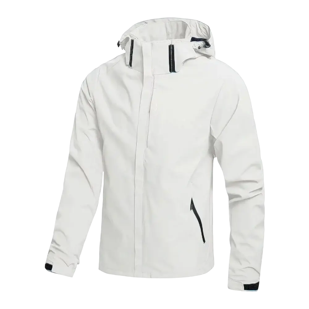 Men waterproof hiking jacket hooded windbreaker in white with black zipper accents and adjustable cuffs
