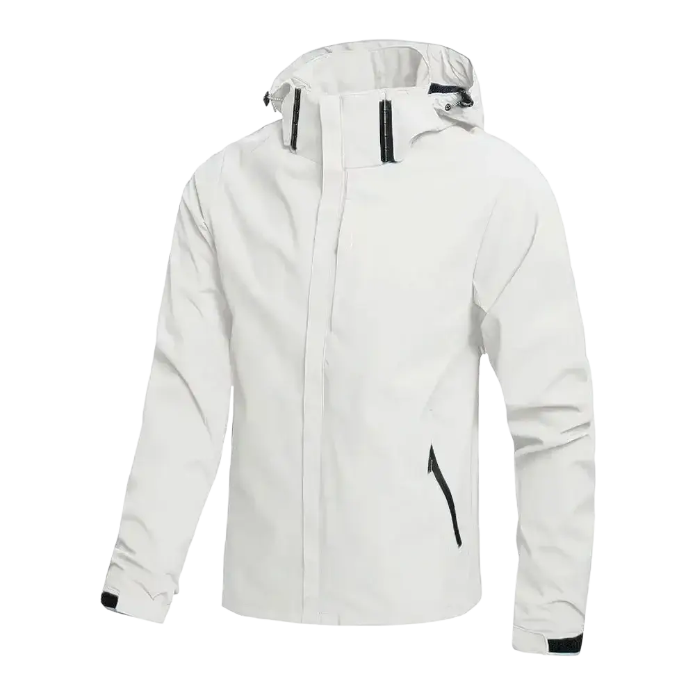 Men waterproof hiking jacket in white with black zipper accents and adjustable hood for outdoor waterproof hiking
