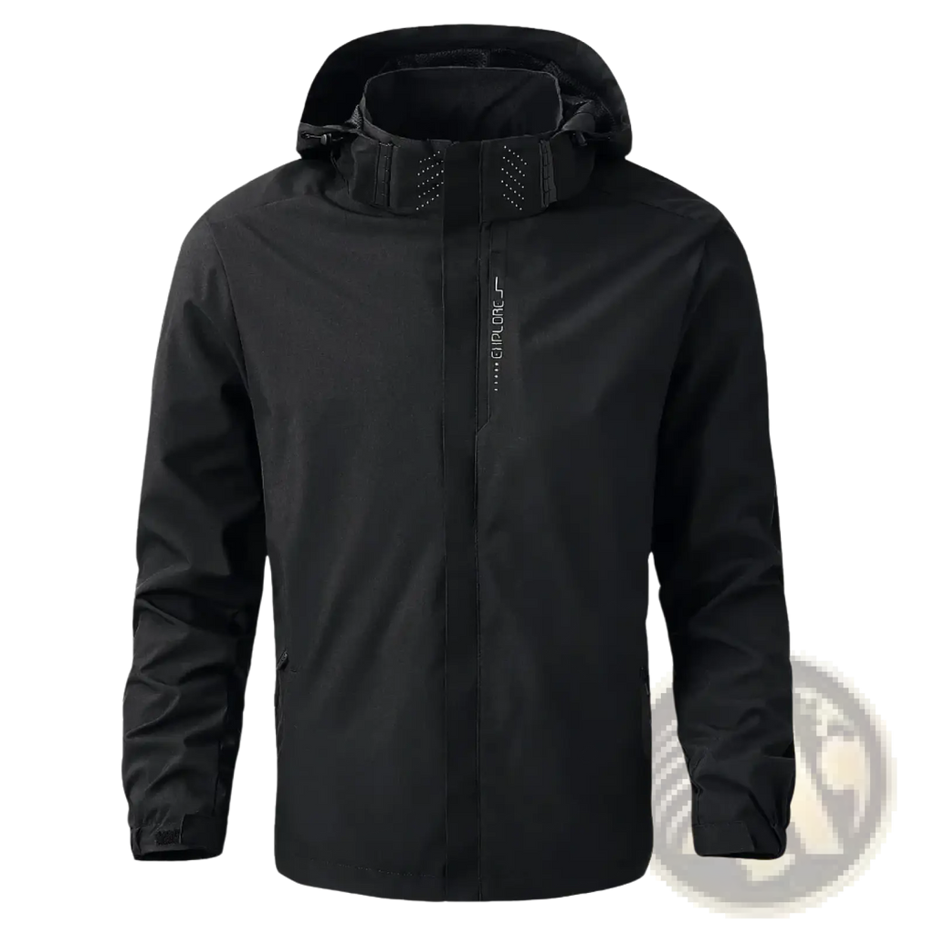 Men waterproof hiking jacket in black with hood windproof raincoat featuring subtle chest logo