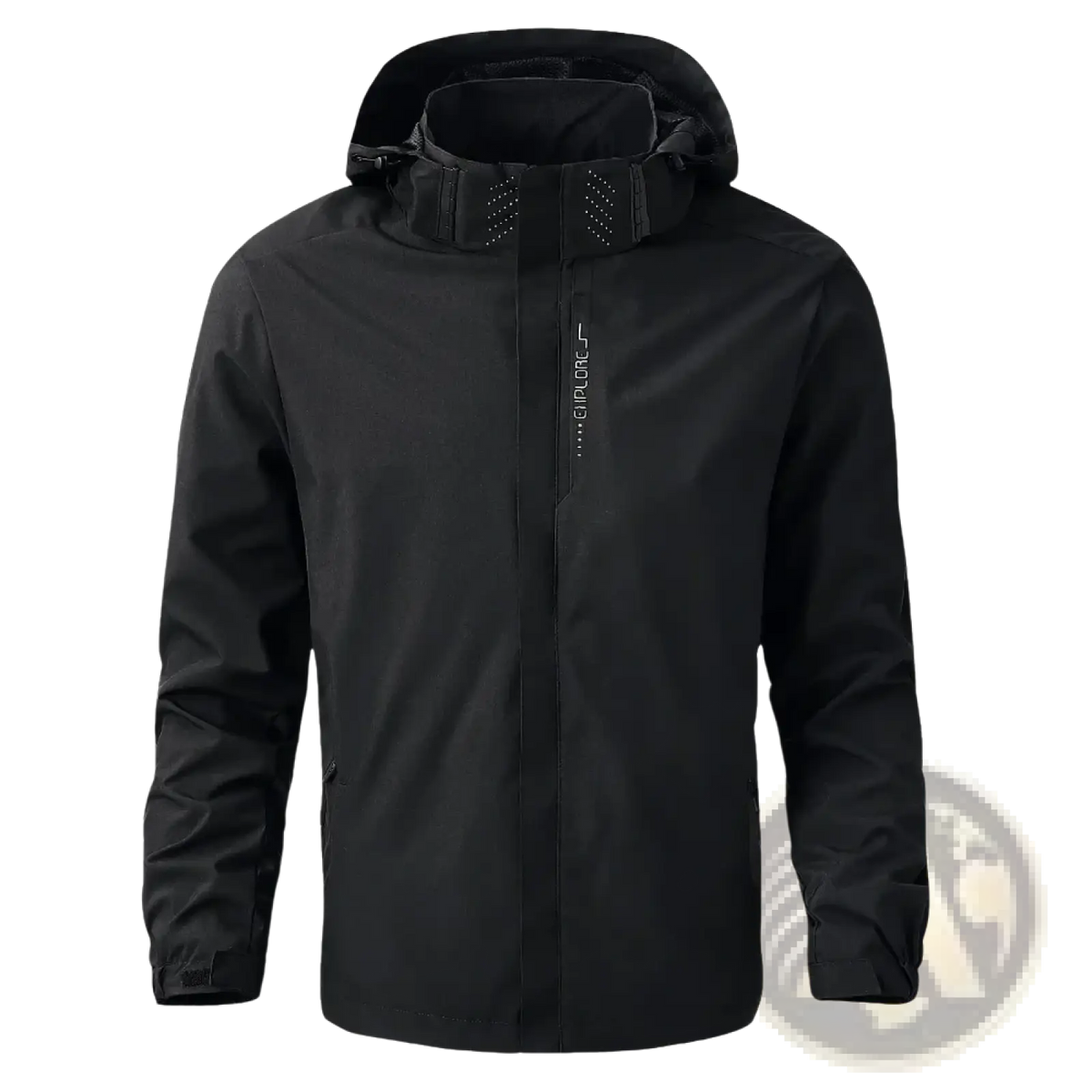 Men waterproof hiking jacket in black with hood windproof raincoat featuring subtle chest logo
