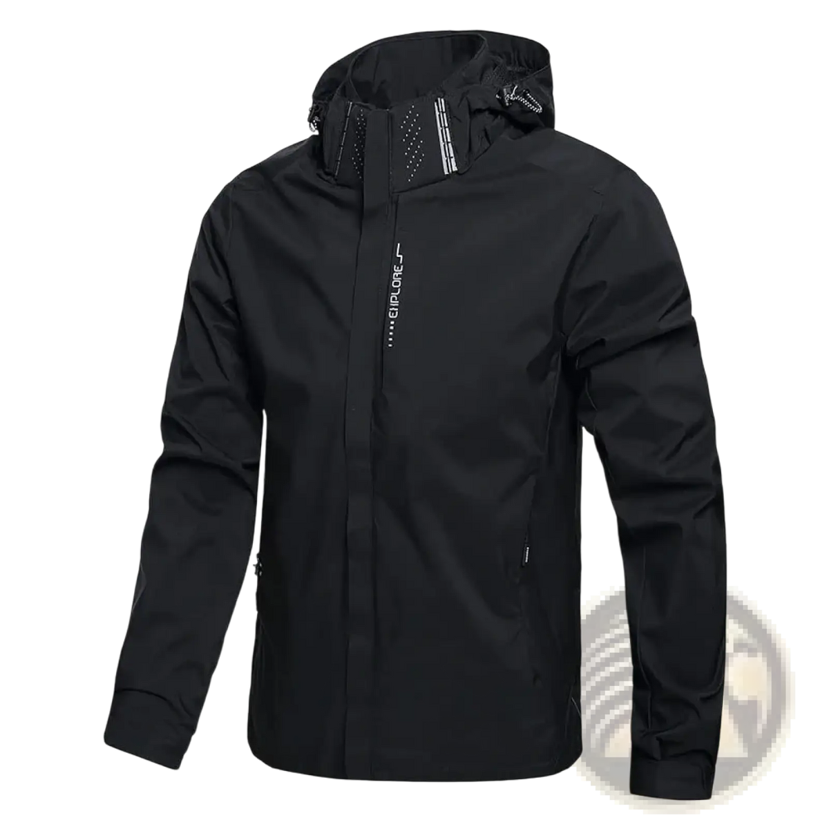 Men waterproof hiking jacket hooded windproof raincoat in black with subtle white branding on the chest