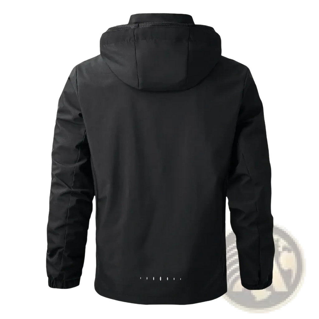 Men waterproof hiking jacket hooded windproof raincoat in black with water-resistant fabric and reflective stitching on hem