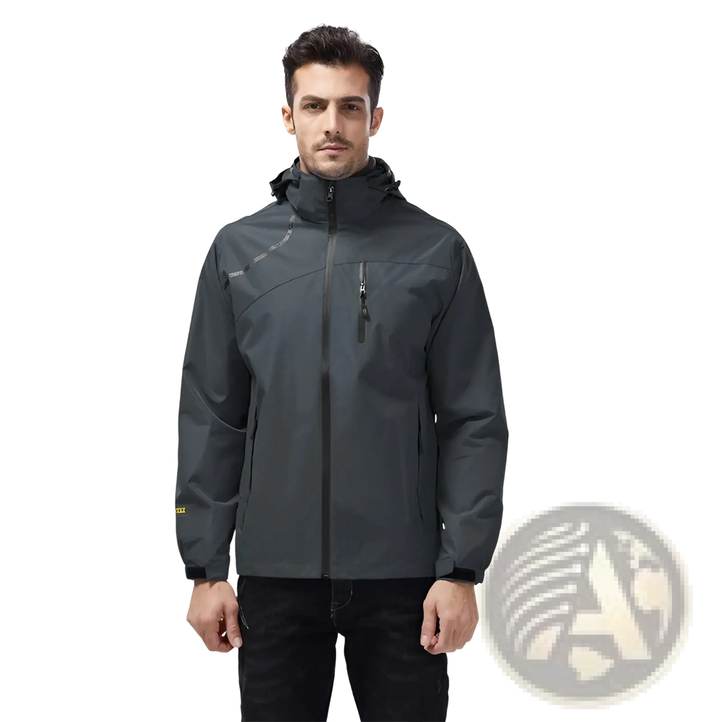 Men waterproof hiking jacket in dark gray with hood and zippered pockets designed for outdoor use