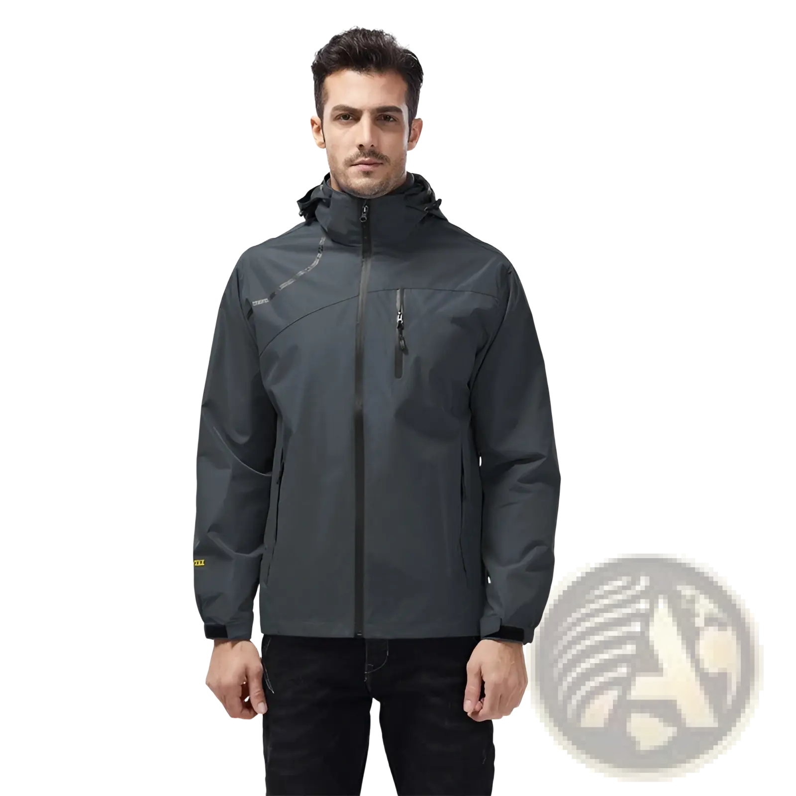 Men waterproof hiking jacket in dark gray with hood and zippered pockets designed for outdoor use