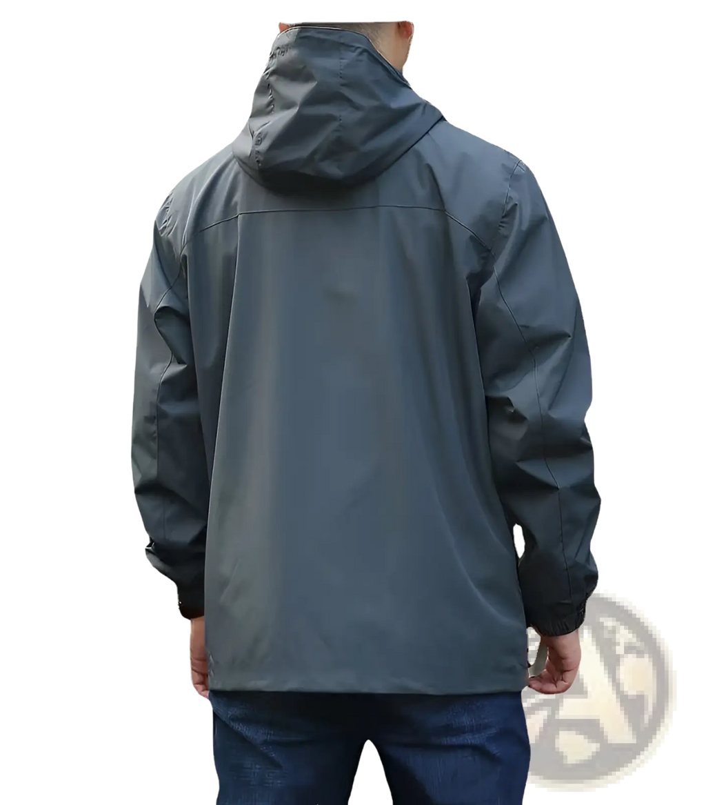 Men waterproof hiking jacket in dark gray with sleek water-resistant fabric and subtle seam detailing