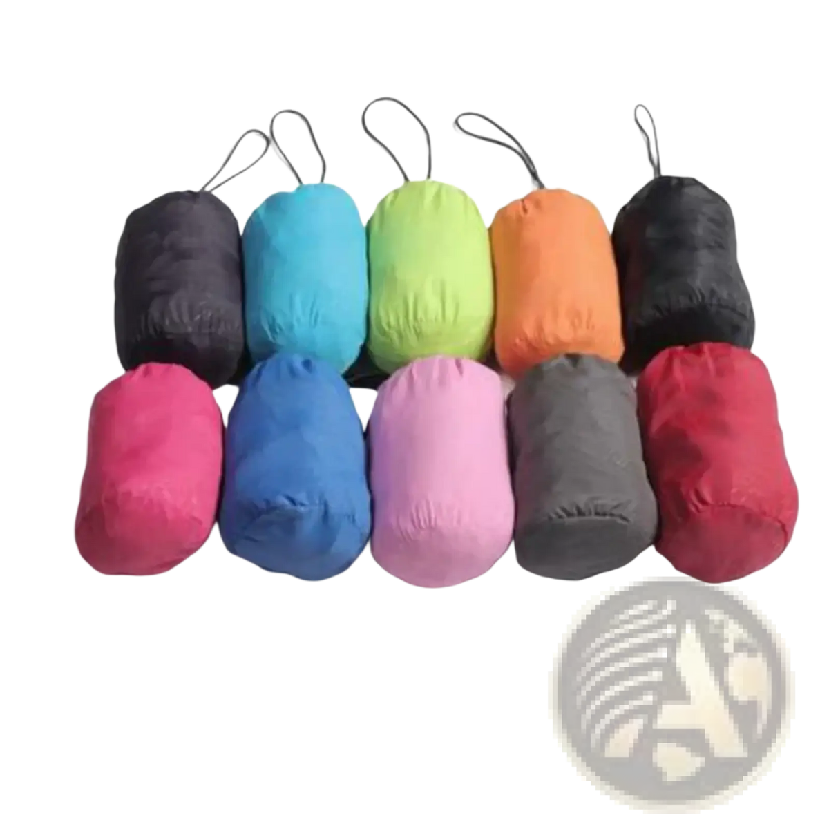 A compact colorful travel towel in soft nylon fabric with drawstring closure for outdoor use with men waterproof hiking jacket