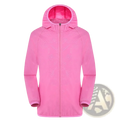 A vibrant pink lightweight waterproof men hooded hiking jacket with subtle textured pattern and elastic cuffs