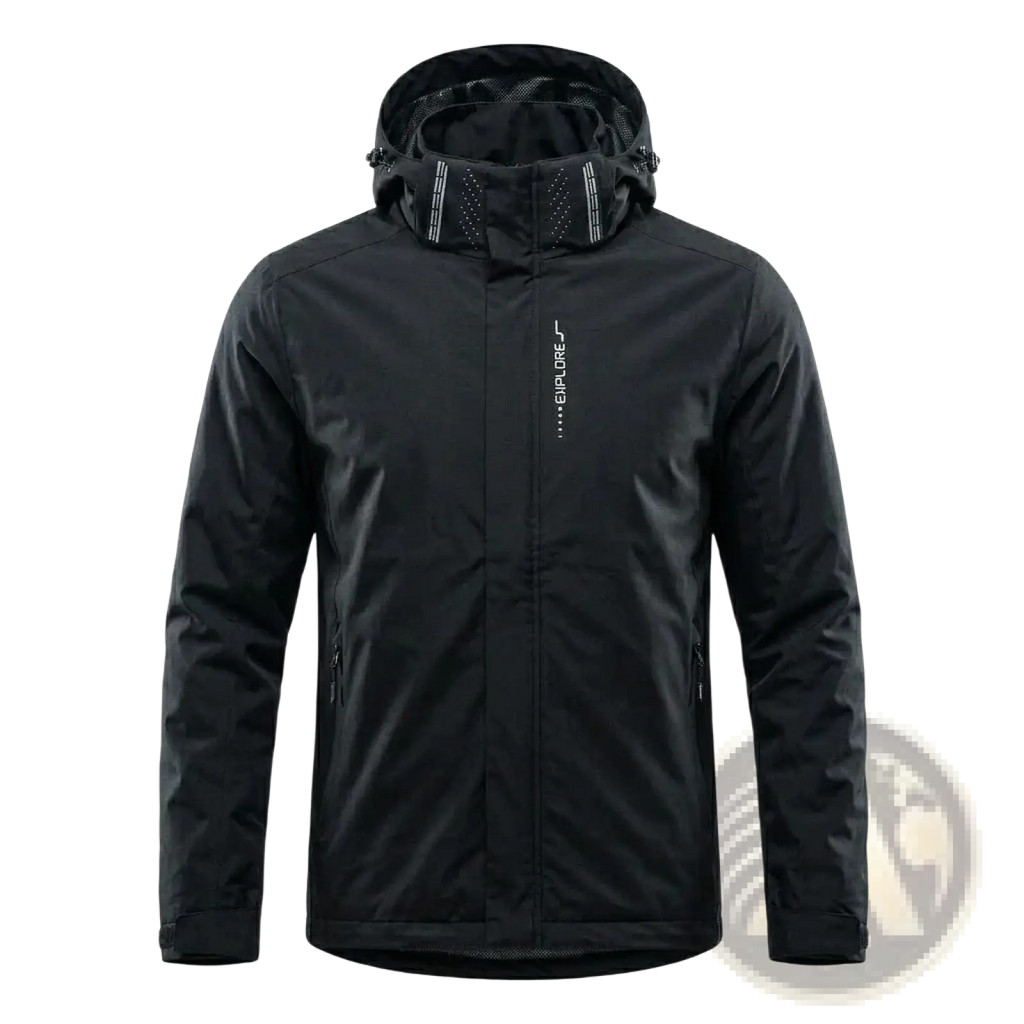 Men waterproof hiking jacket black with hood mesh lining and subtle white vertical branding on left chest for outdoor use