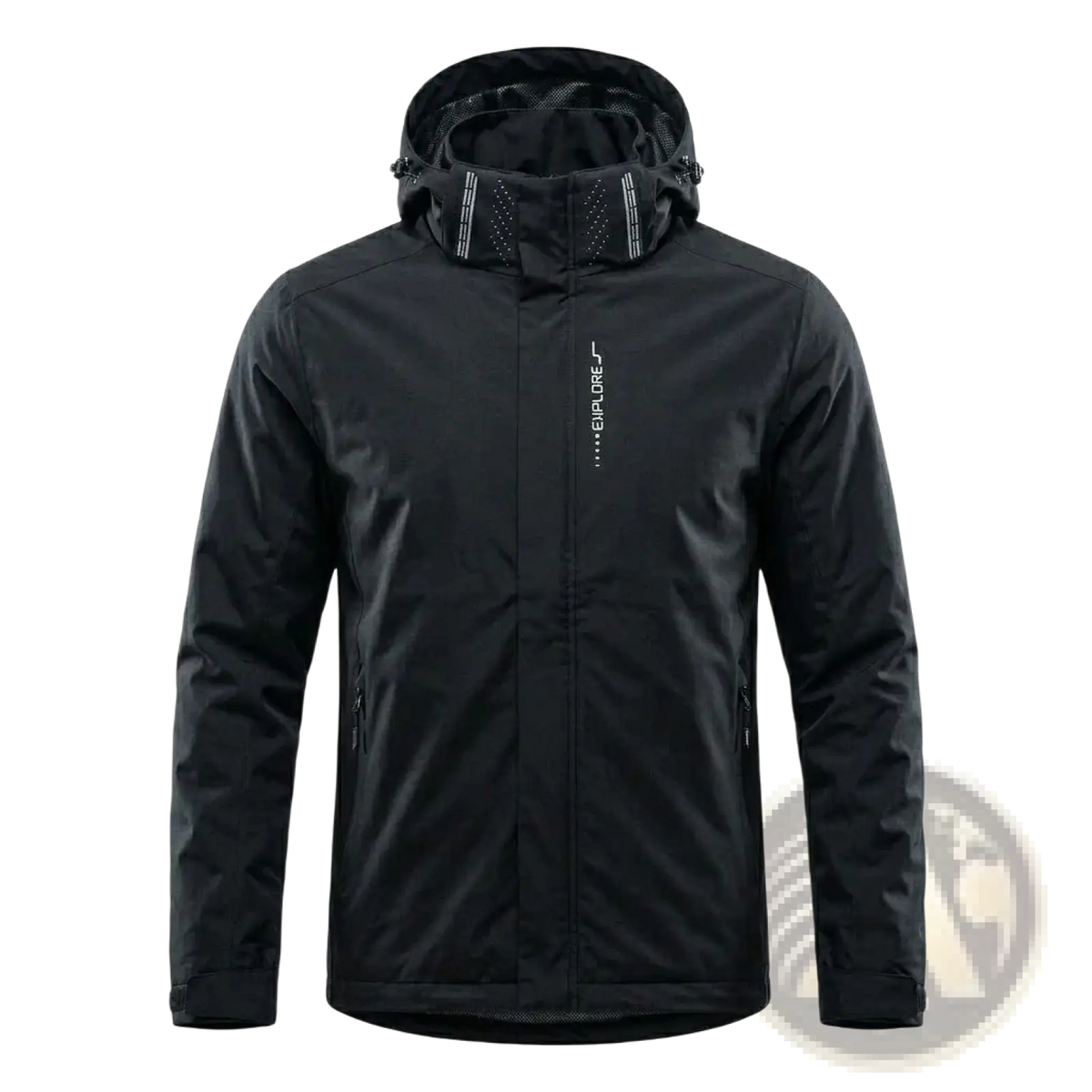 Men waterproof hiking jacket black with hood mesh lining and subtle white vertical branding on left chest for outdoor use