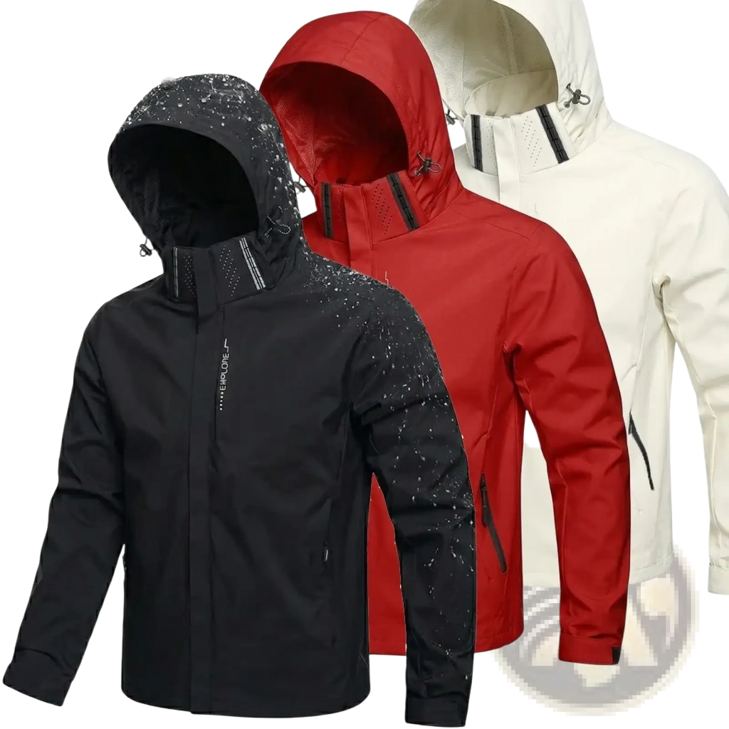 Men waterproof hiking jacket windbreaker in black speckled fabric with hood and zippered pockets for outdoor use