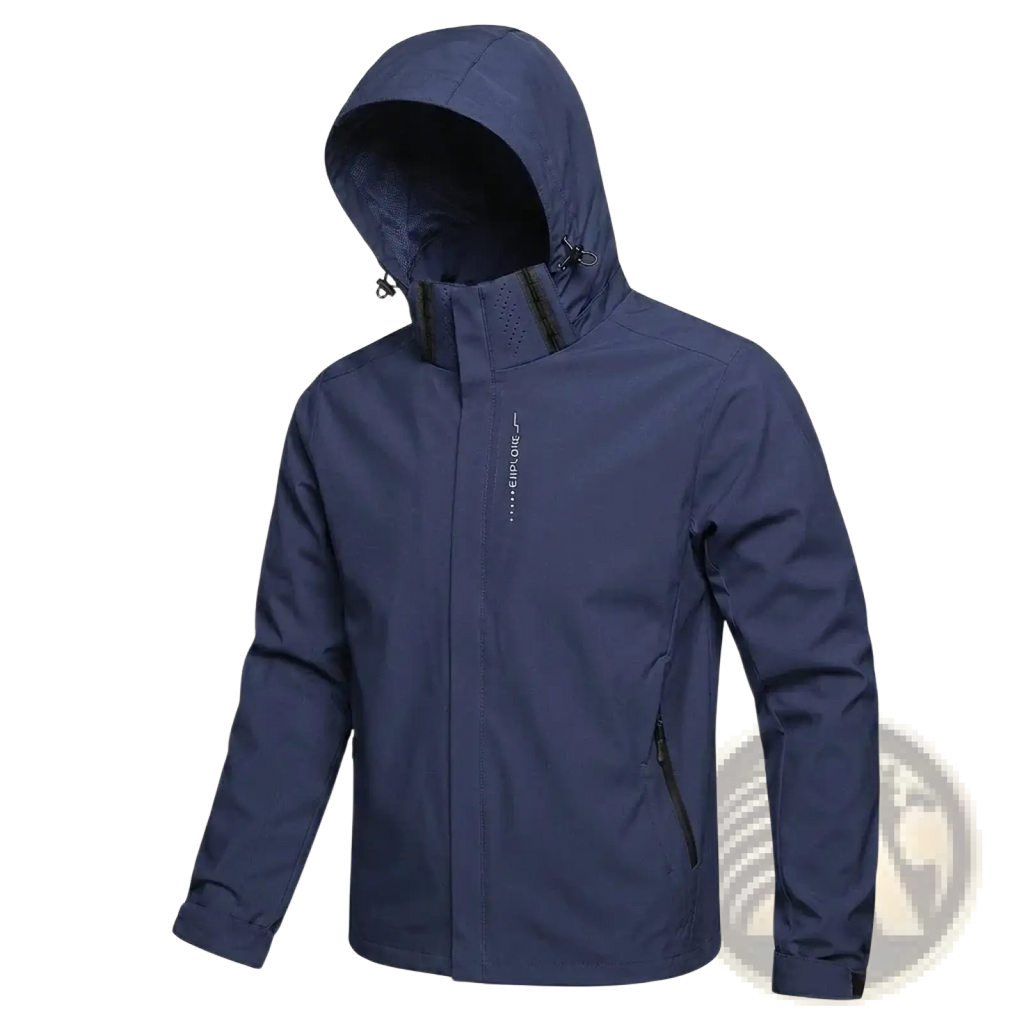 Men waterproof hiking jacket navy blue with black zipper accents and hood for outdoor windbreaker protection