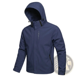 Men waterproof hiking jacket navy blue with black zipper accents and hood for outdoor windbreaker protection