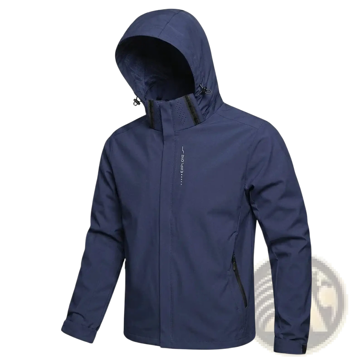 Men waterproof hiking jacket navy blue with black zipper accents and hood for outdoor windbreaker protection