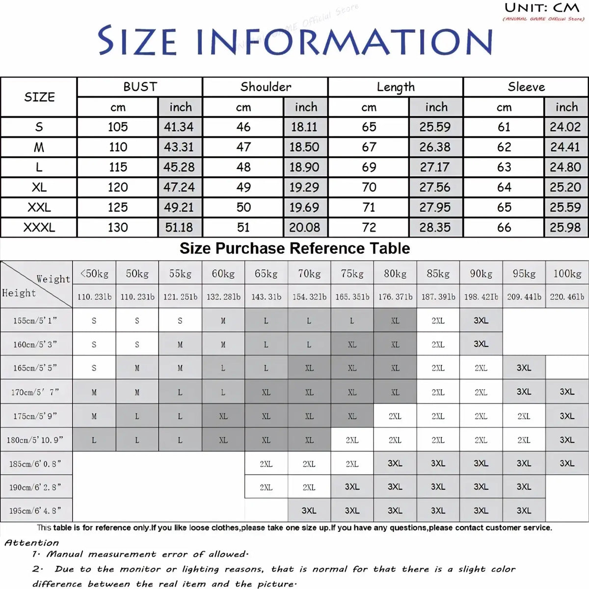 Size information chart for men waterproof hiking jacket windbreaker with hood showing measurements in cm and inch from s to xxxl
