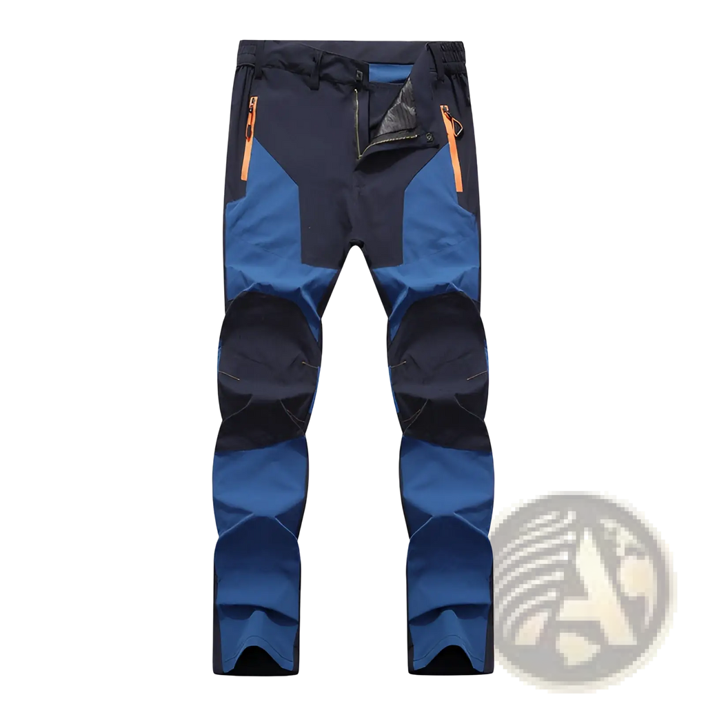 Men waterproof hiking pants in blue and navy with stretch fabric and orange zipper accents for tactical use
