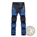 Men waterproof hiking pants in blue and navy with stretch fabric and orange zipper accents for tactical use