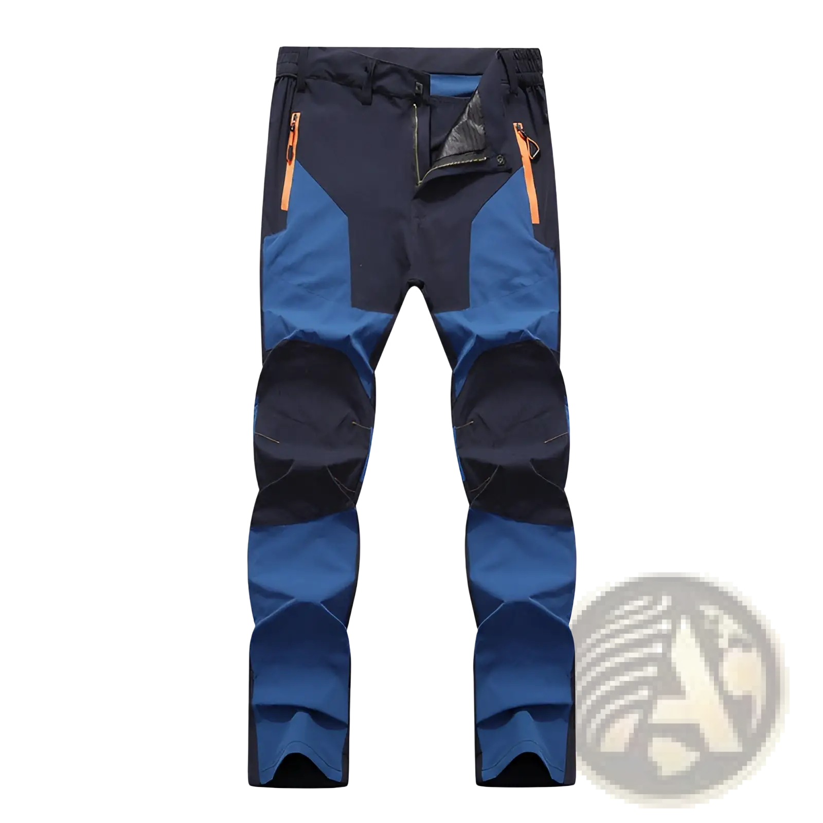 Men waterproof hiking pants in blue and navy with stretch fabric and orange zipper accents for tactical use