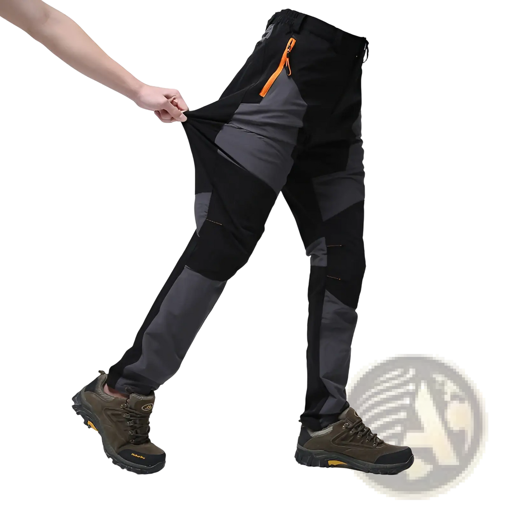 Men waterproof tactical hiking pants in black and gray with stretch material and orange zipper accents