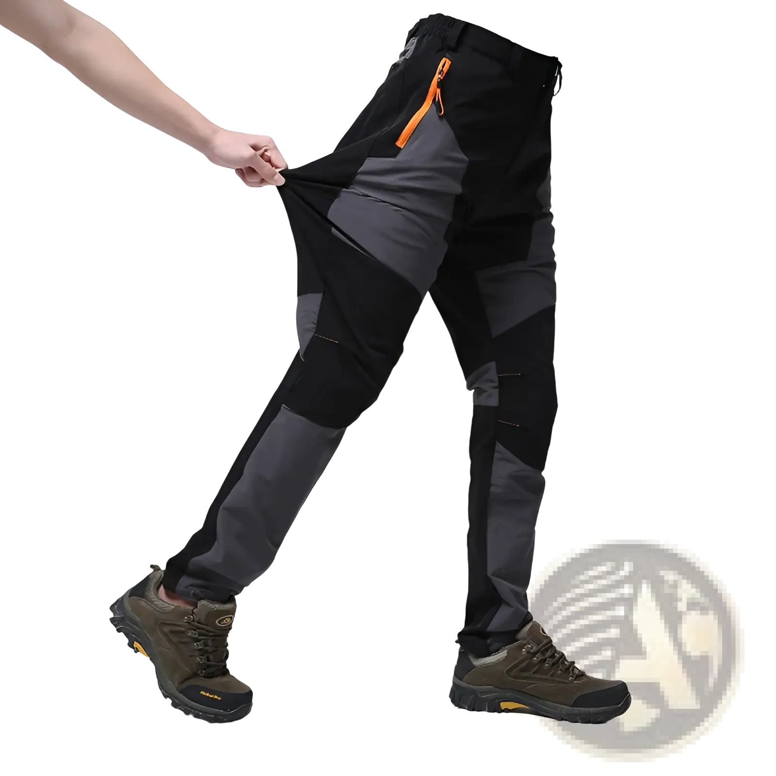 Men waterproof tactical hiking pants in black and gray with stretch material and orange zipper accents