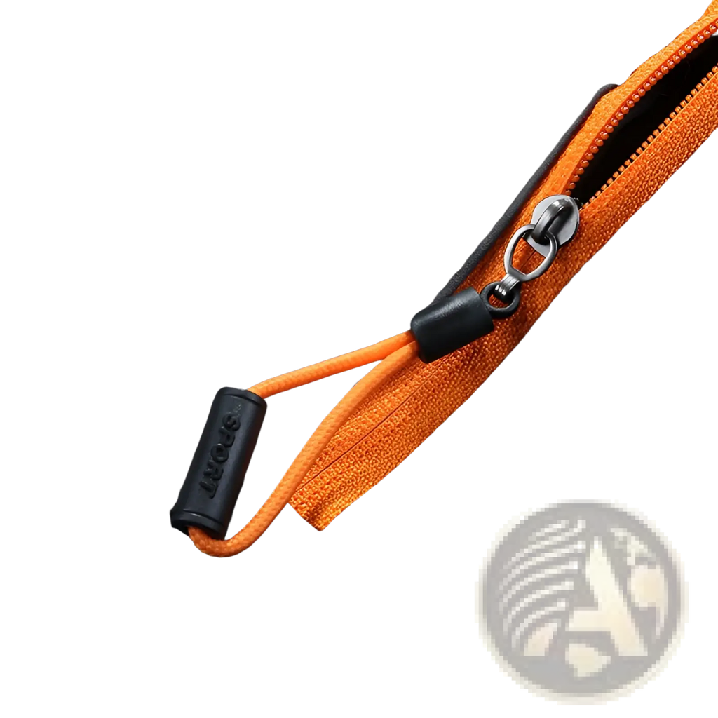 Black and orange zipper with black pull tab labeled sport on men waterproof hiking pants stretch tactical trousers