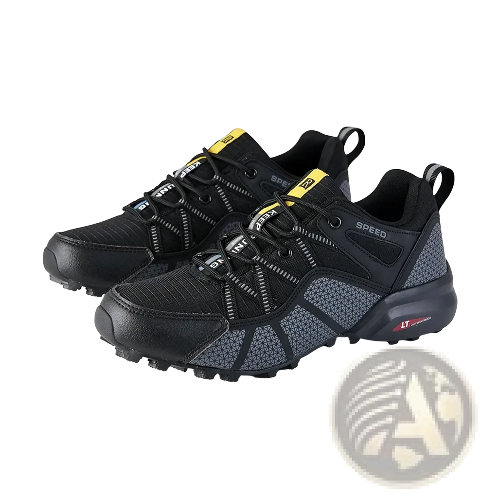 Men waterproof hiking shoes in black and gray with yellow accents featuring textured mesh upper and rugged outsole