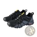 Men waterproof hiking shoes in black and gray with yellow accents featuring textured mesh upper and rugged outsole