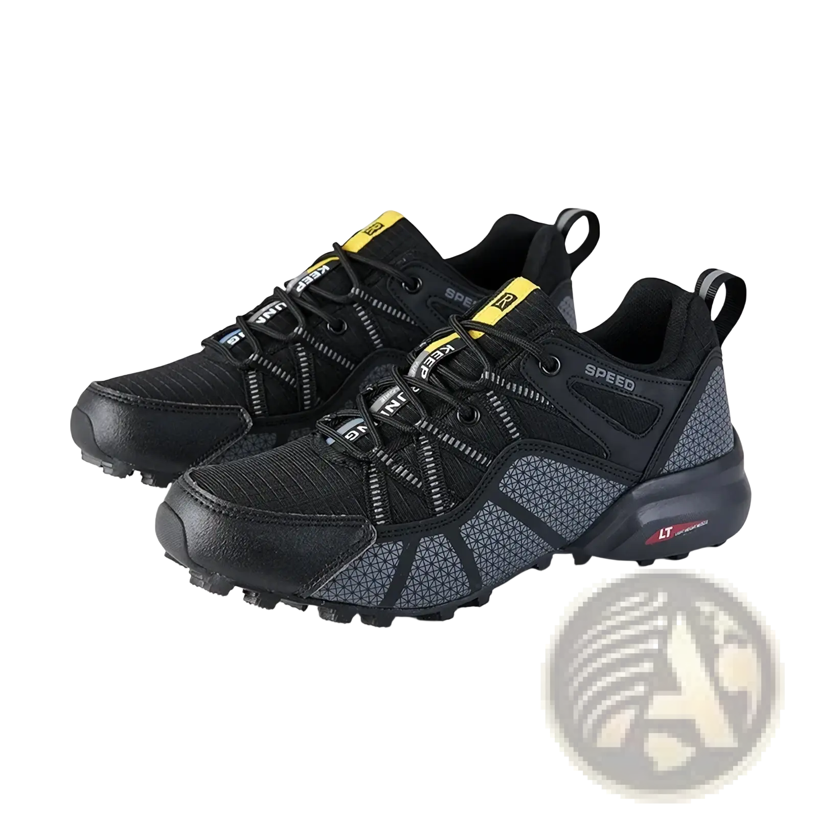 Men waterproof hiking shoes in black and gray with yellow accents featuring textured mesh upper and rugged outsole