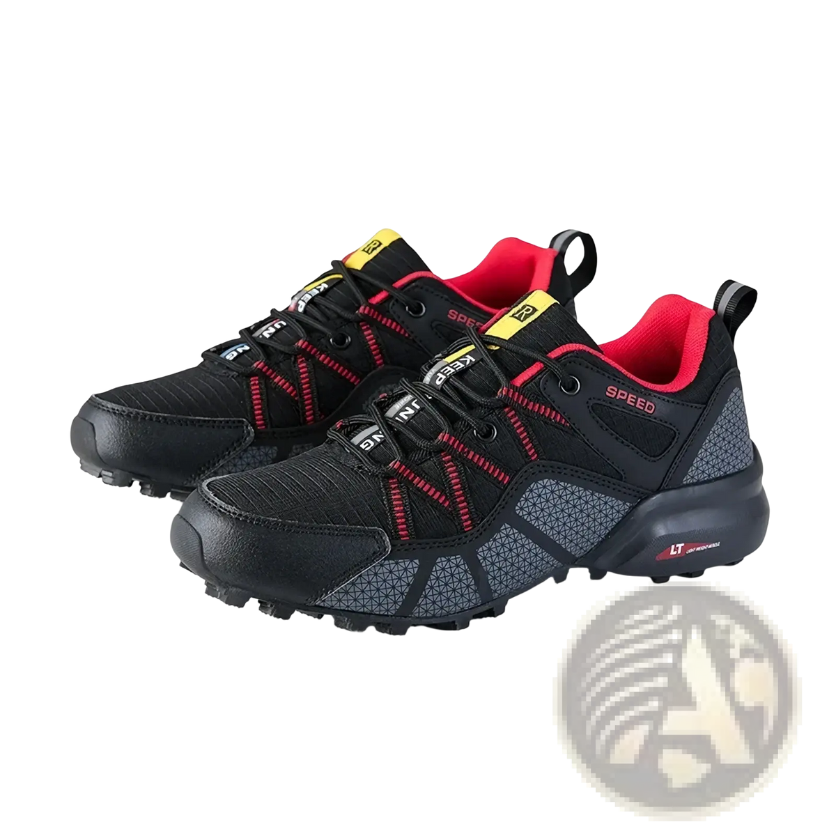 Men waterproof hiking shoes in black and red with textured upper yellow branding and rugged lightweight outdoor outsole