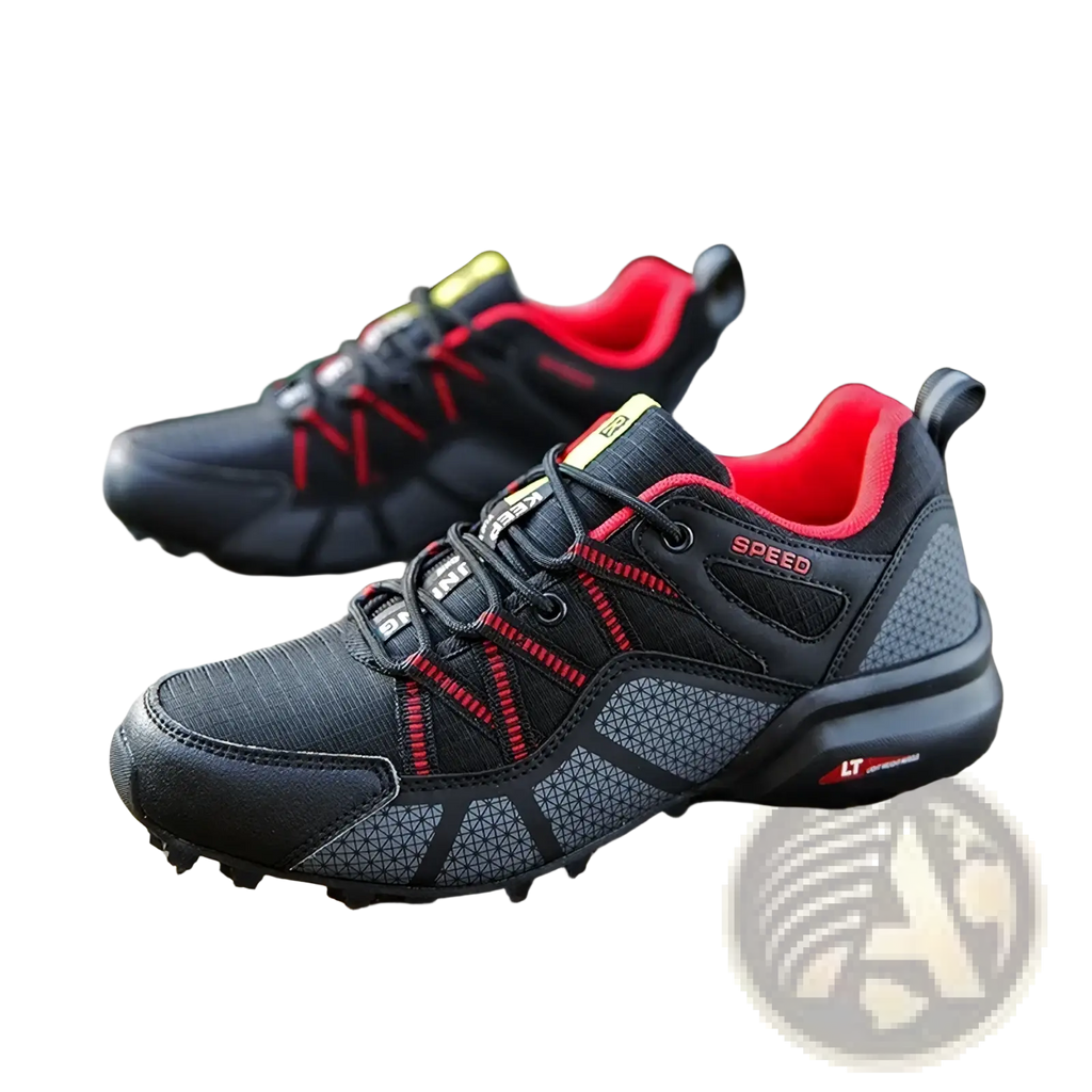 Men waterproof hiking shoes in black and red with textured mesh upper and rugged outsole for lightweight outdoor trail use